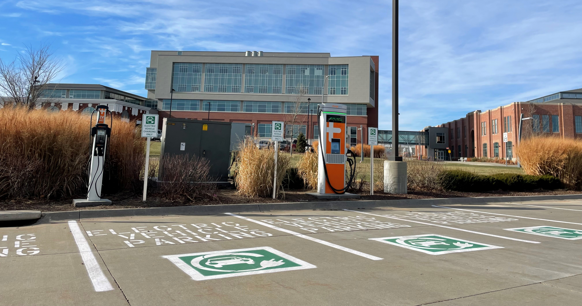 Electric vehicle charging station at Nebraska Innovation Campus