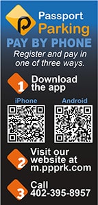 Passport Parking Pay By hone instructions, includes QR codes to download the app