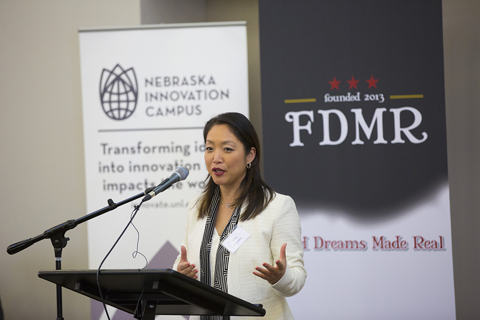 Suji Park speaks at an April 20 announcement at Nebraska Innovation Campus.