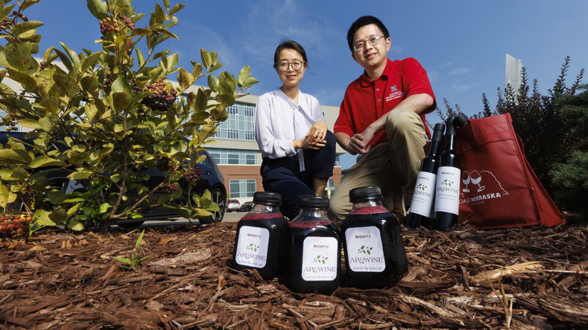 Xiaoqing Xie (left) and Changmou Xu pose with an Aronia berry bush growing outside of Food Innovation Center along with bottles of AroJuice and AroWine, a product by the A+ Berry Company. The goal of the Aronia berry research group is to convert Aronia berries, a superfruit mainly grown in the midwest, into functional foods and ingredients.
