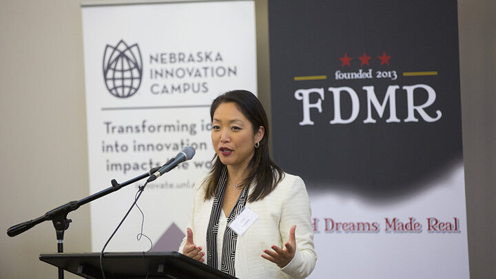 Suji Park speaks at an April 20 announcement at Nebraska Innovation Campus.