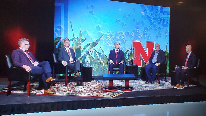 (From left) University of NebraskaâLincoln Chancellor Ronnie Green, NU President Ted Carter, Rep. Jeff Fortenberry, Rep. Glenn âGTâ Thompson and NU Vice President and Harlan Vice Chancellor for UNLâs Institute of Agriculture and Natural Resources Mike Boehm participate in an Aug. 20 tele-town hall on the future of agriculture. 