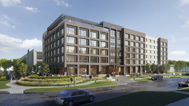 An architect's rendering of The Scarlet hotel under construction at Nebraska Innovation Campus.