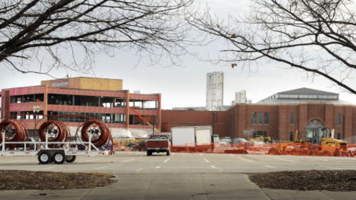 The Companion Building (left) to the former 4-H building is taking shape on Nebraska Innovation Campus as seen in this view looking east from the site of the old State Fair administration building.