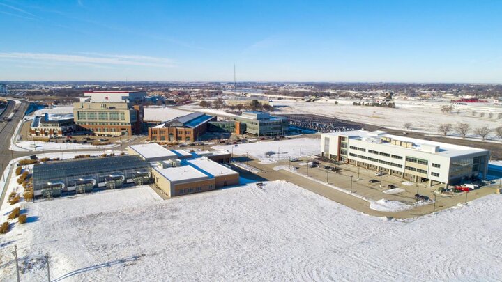 The Rise Building (right), is home to the Combine Incubator at Nebraska Innovation Campus.
