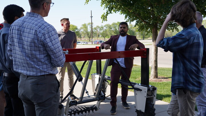Amlan Balabantaray explains how his prototype AI-enabled robotic tiller can detect and uproot weeds like Palmer amaranth during the Nebraska Innovation Fellowship Showcase.