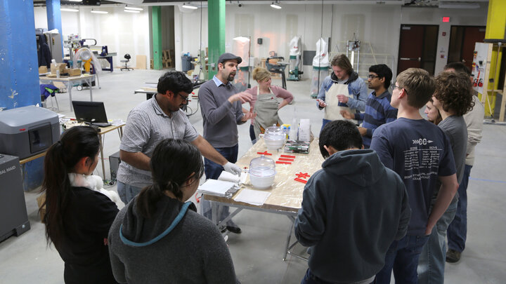 Students listen to a presentation led by Stephen Morin, assistant professor of chemistry, in Nebraska Innovation Studio. A grant from the Cooper Foundation will expand the maker space, which is located at Nebraska Innovation Campus.