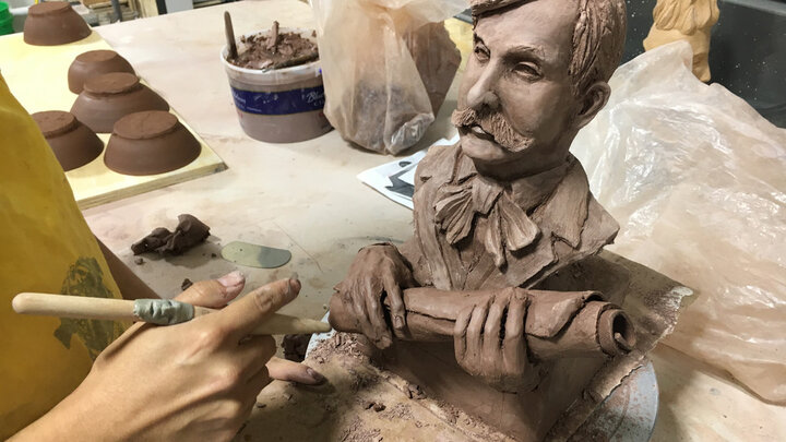 A bust of Nebraska architect Thomas Kimball takes shape in Nebraska Innovation Studio. The bust was being done by artist David Manzanares, who utilities the studio to create his sculptures. He also teaches workshops for fellow studio members. 