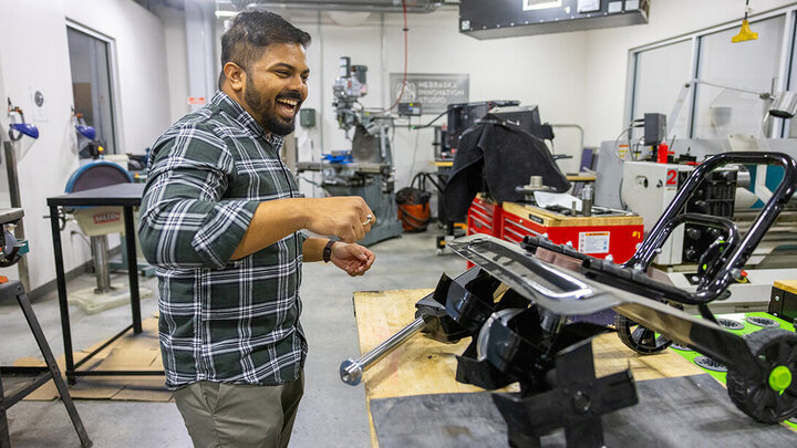Amlan Balabantaray, a doctoral candidate in biological systems engineering, developed a prototype for his See and Till system, a robotic weed control product for agricultural use.