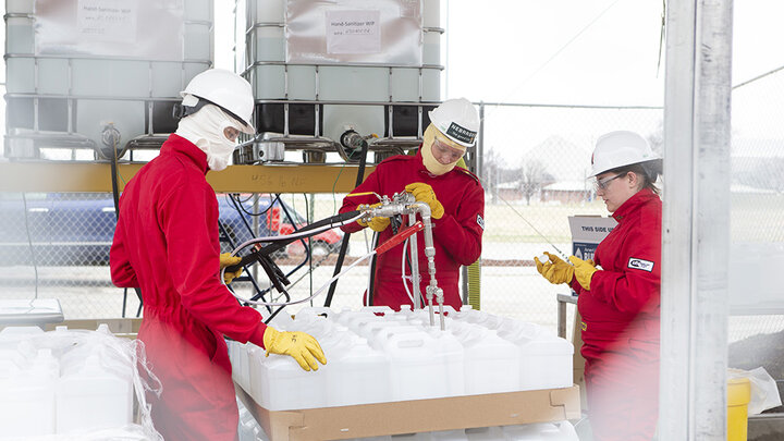 Emergency hand sanitizer if produced by the University of Nebraska-Lincoln at the Food Processing Center at Nebraska Innovation Campus in response to statewide need for the product. Itâs provided at no cost to help protect health care workers, medical first responders and others.